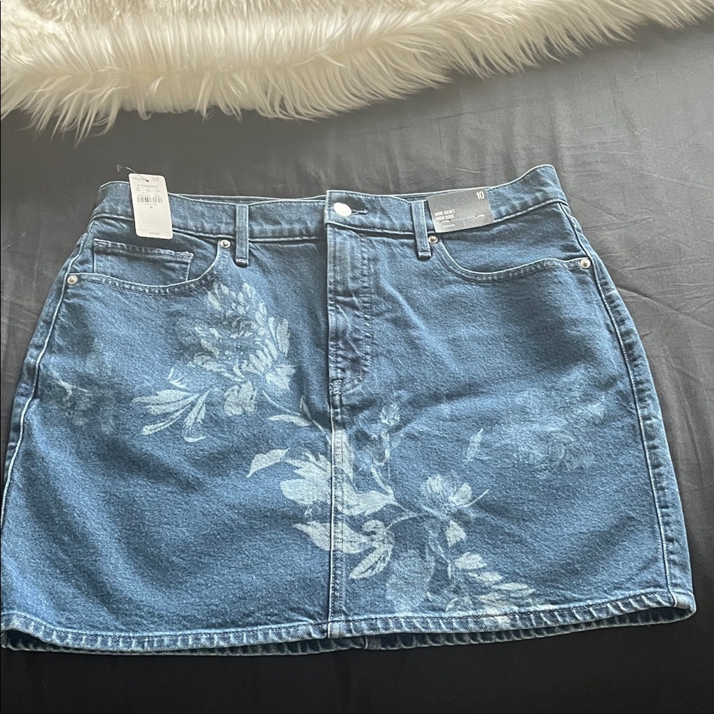 Express Denim Mini Skirt with White Floral Design